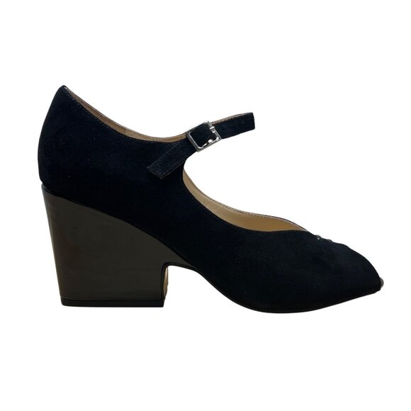 Sacha London Black Suede Peep-Toe Buckle Strap Saba Block Heel Pumps Sz 9 - Picture 1 of 8